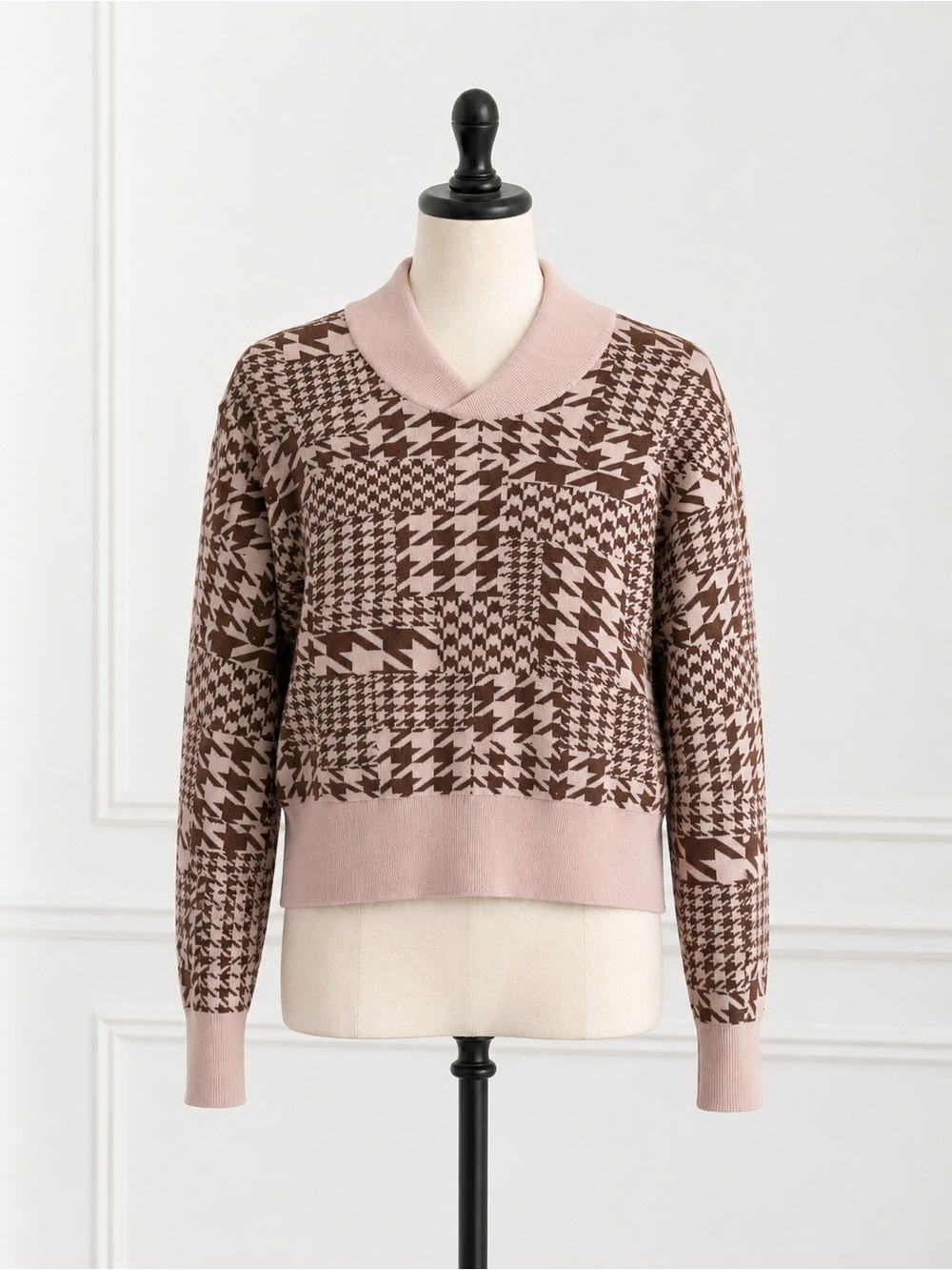 PH5 Women's Pink and Brown Houndstooth V-Neck Sweater, S